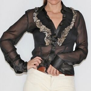 Just Cavalli Black Sheer Silk Ruffle Blouse 42